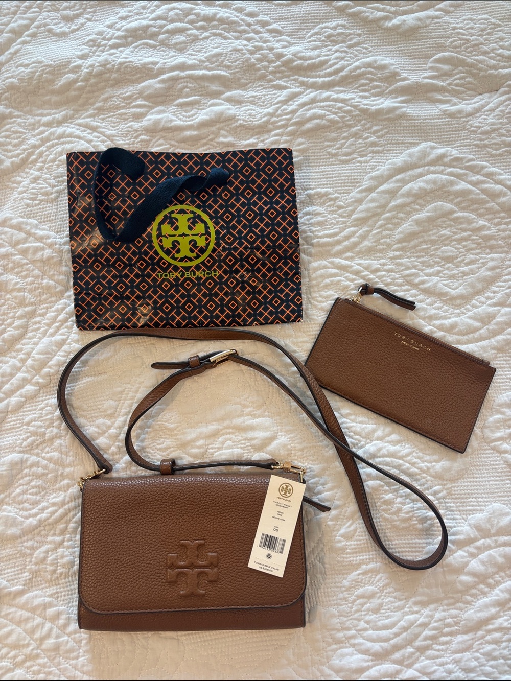 Tory Burch Pebbled Brown Leather Crossbody with Zip Card Pouch